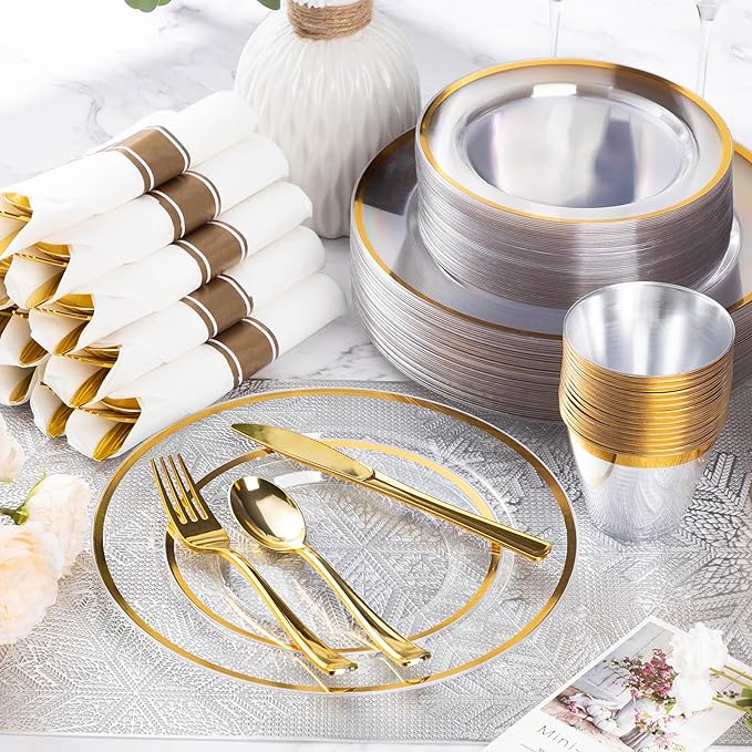 Goodluck 350 Piece Gold Plastic Dinnerware Set for Party, Clear Disposable Plates for 50 Guests, Include: 50 Dinner Plastic Plates, 50 Dessert Plates, 50 Pre Rolled Napkins with Cutlery Set, 50 Cups