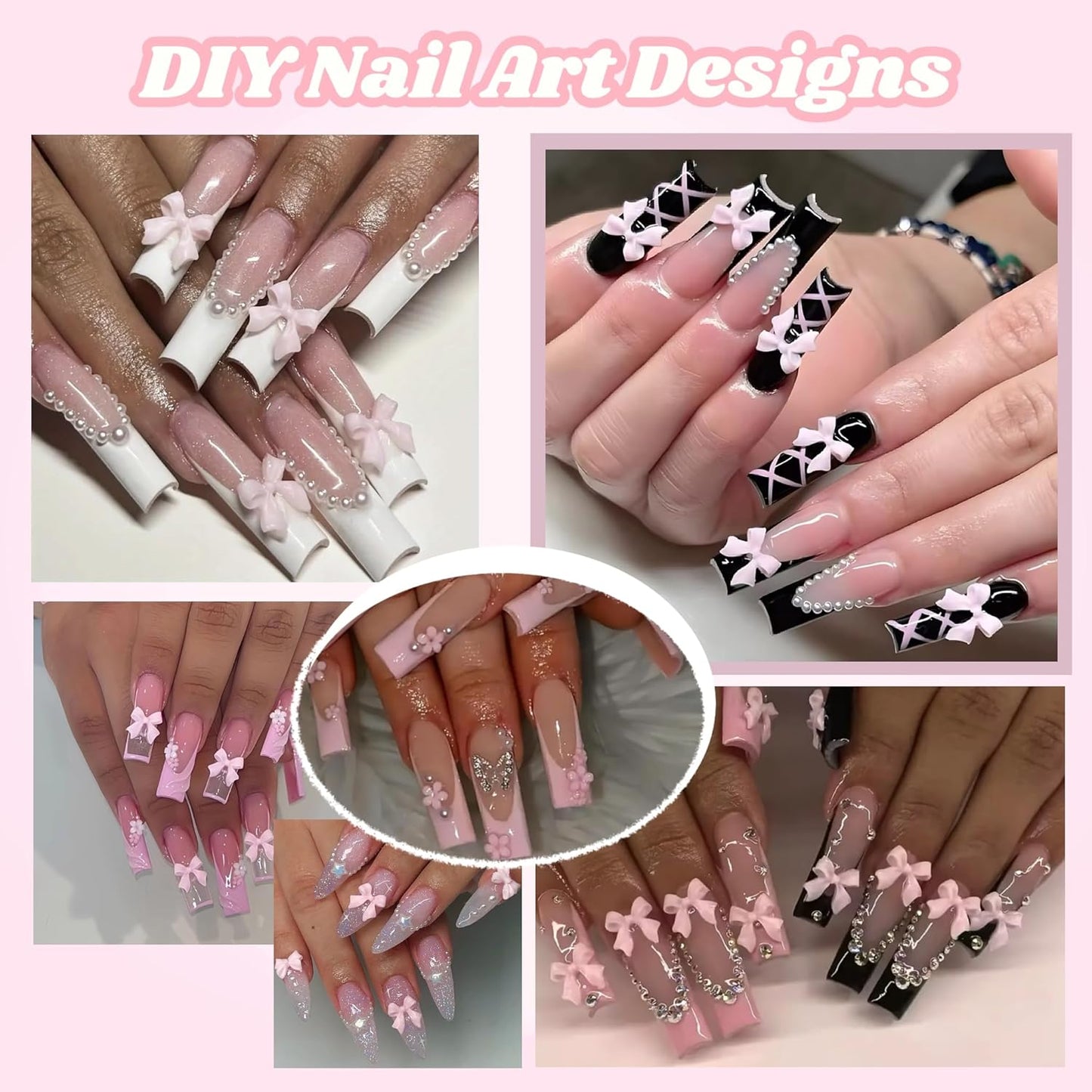 3D Flowers Nail Charms Y2K Kit, Metal Butterfly Cherry Colorful Bow Charms for Nails Art Gems, White and Pink Bows Pearls Charms for Nail Manicure DIY Crafts Jewelry Accessories-BrightBean Baby