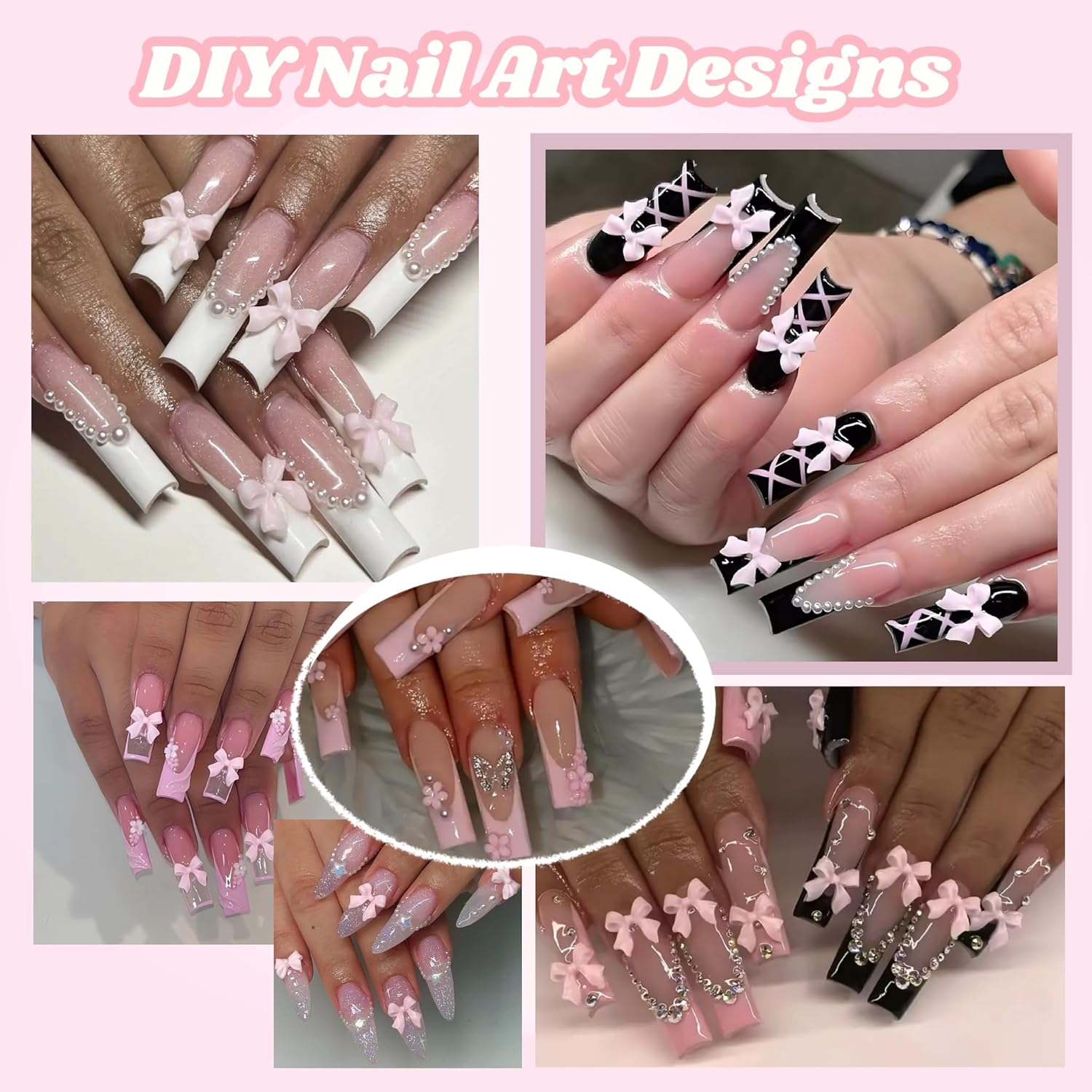 3D Flowers Nail Charms Y2K Kit, Metal Butterfly Cherry Colorful Bow Charms for Nails Art Gems, White and Pink Bows Pearls Charms for Nail Manicure DIY Crafts Jewelry Accessories-BrightBean Baby