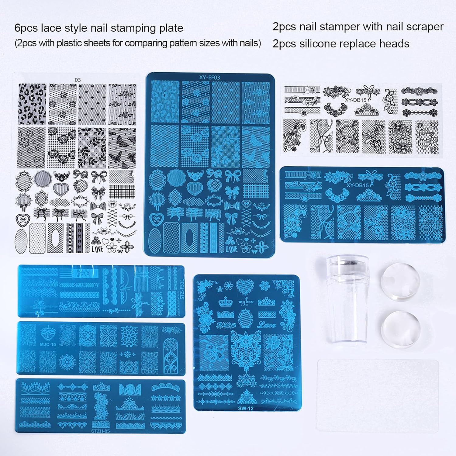 6pcs Lace Flower Design Nail Stamping Plate Kit With French Tip Nail Stamper Kit Ribbon Bow Knot Nail Stencil Reusable Stainless Steel Manicure Tool Nail Supplies for Salon DIY-BrightBean Baby