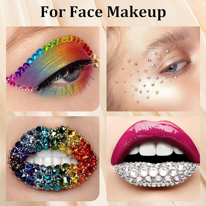 Colorful Face Gems for Makeup Set, Flatback Gorgeous Clear Glass Gem and Mixed-Colored Crystals with Makeup Glue+Picker Pencil+Tweezer+Dual-End Dotting Tool for Eye Body Hair Make-up and Nail Art Deco-BrightBean Baby