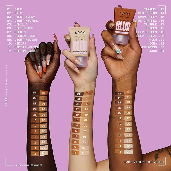 NYX PROFESSIONAL MAKEUP Bare With Me Blur Skin Tint Foundation Make Up with Matcha, Glycerin & Niacinamide - Medium Tan-BrightBean Baby