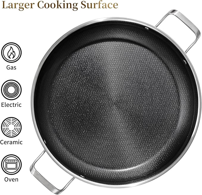 DELARLO 14" Tri-Ply Stainless Steel Paella Pan with Lid