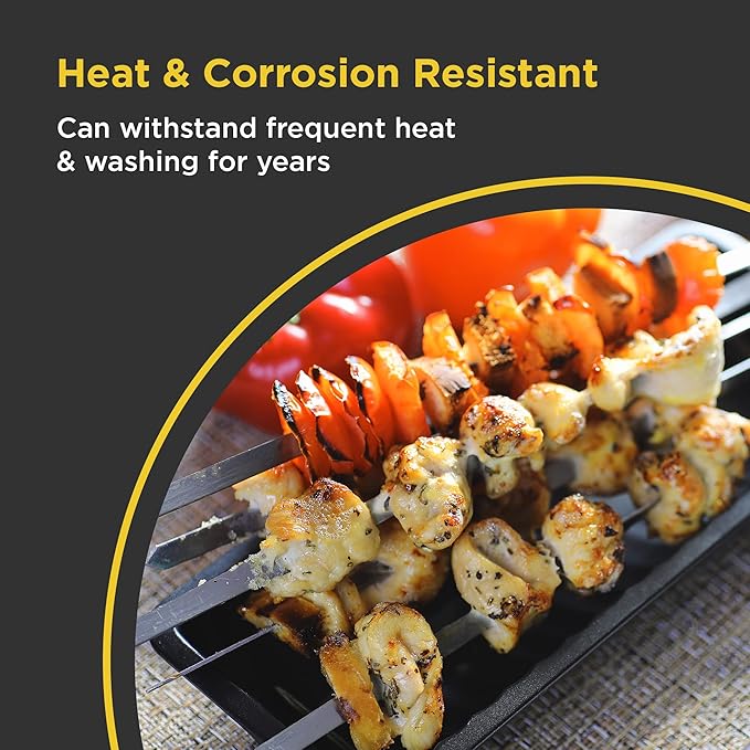 O-Yaki Flat Metal Kabob Skewer for Grilling – Set of 8 BBQ Skewers Stainless Steel with Storage Bag, Dishwasher Safe Skewers with Hook Handle & Sharp Tip for BBQ, Cookouts & Oven Use – 10 Inch