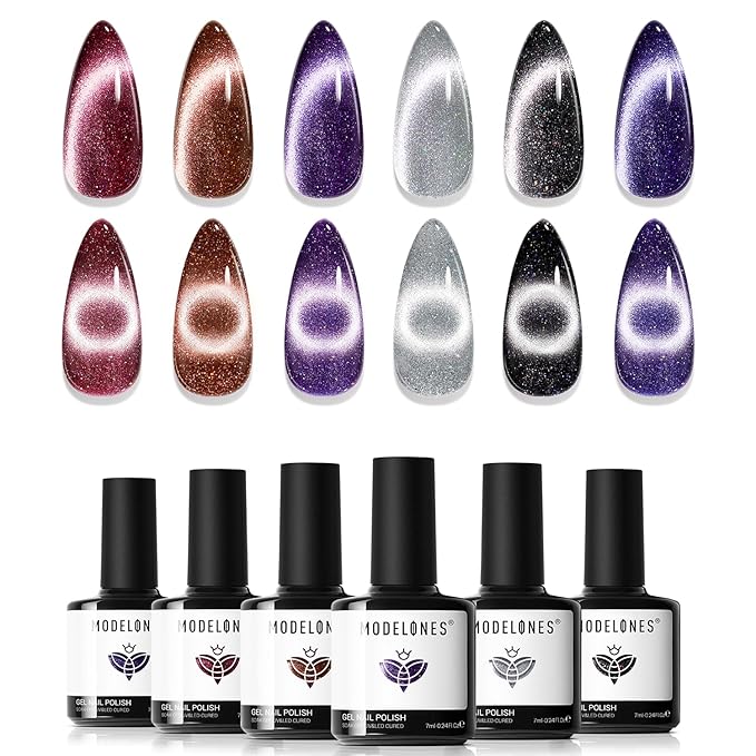 modelones Cat Eye Gel Nail Polish Set, 6 Colors 9D Glassy Cat Eye Glitter Gel Polish Black Red Purple Blue Silver Brown Nail Polish All Seasons with Magnet Soak Off Led DIY Salon Gift-BrightBean Baby