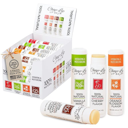 100% Natural Lip Balm Set - Hydrating and Moisturizing Beeswax Natural 4 Flavor Assortment - Lip Moisturizer for Dry Lips - Cocoa Butter - Petroleum Free Pack of 24-BrightBean Baby