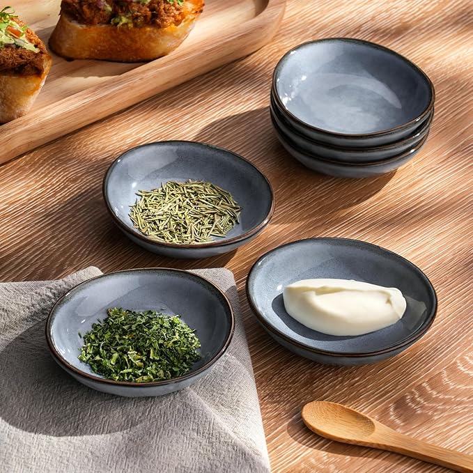famiware Ocean Soy Sauce Dishes of 6, Oval Dipping Sauce Cups/Bowls/Dishes for Kitchen, 2.1oz Ceramic Small Bowls for Side Dish, Appetizers, Snacks, and Sushi, Reactive Glaze, Dishwasher Safe, Blue