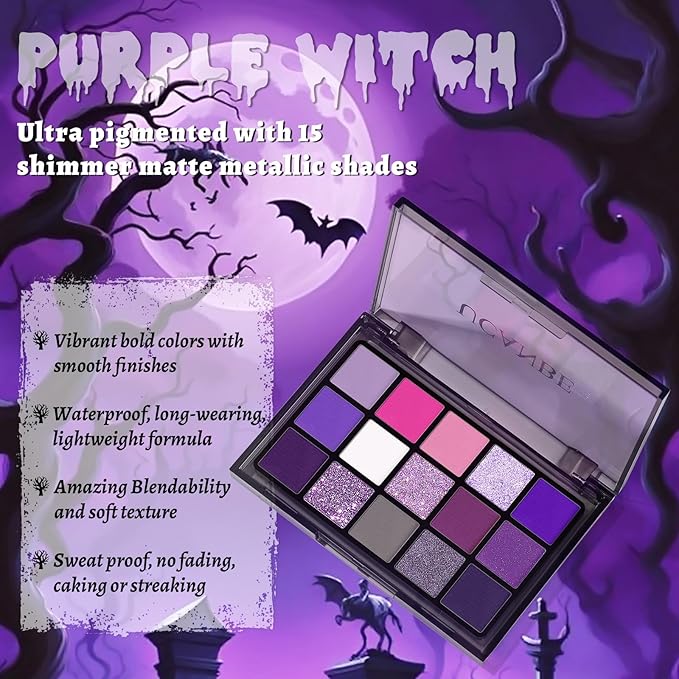 UCANBE Purple Eyeshadow Makeup Palette, 15 Colors Dark Smokey Shimmer Matte Metallic Glitter Eye Shadow Pallet, Violet Lavender Pink Make Up Kit for Cosplay Halloween Ursula Witch Costume Parties-BrightBean Baby