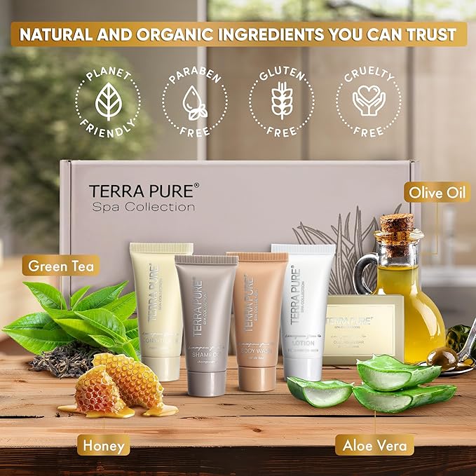 Terra Pure Spa Collection Amenity & Accessory Kit |1 oz Travel Size Shampoo, Conditioner, Lotion, Body Wash, 2 Soap Bars, Shave & Dental Sets, Make-Up Remover Wipes, & Vanity Kit | 15 sets/case-BrightBean Baby