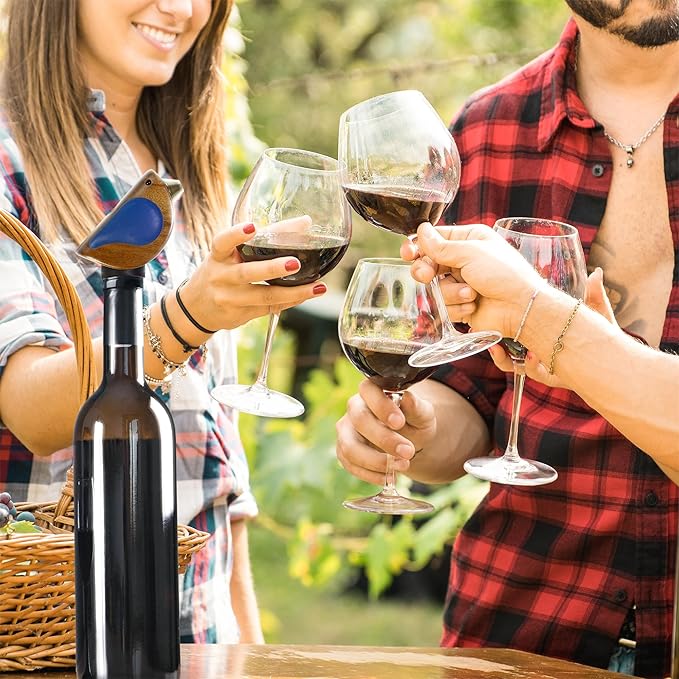 Songbird Specialties Wine Bottle Pourer, Fun Wine Pourer Spout Sings While It Pours, Airtight Wine Bottle Sealer, Acacia Wood with Blue Wings