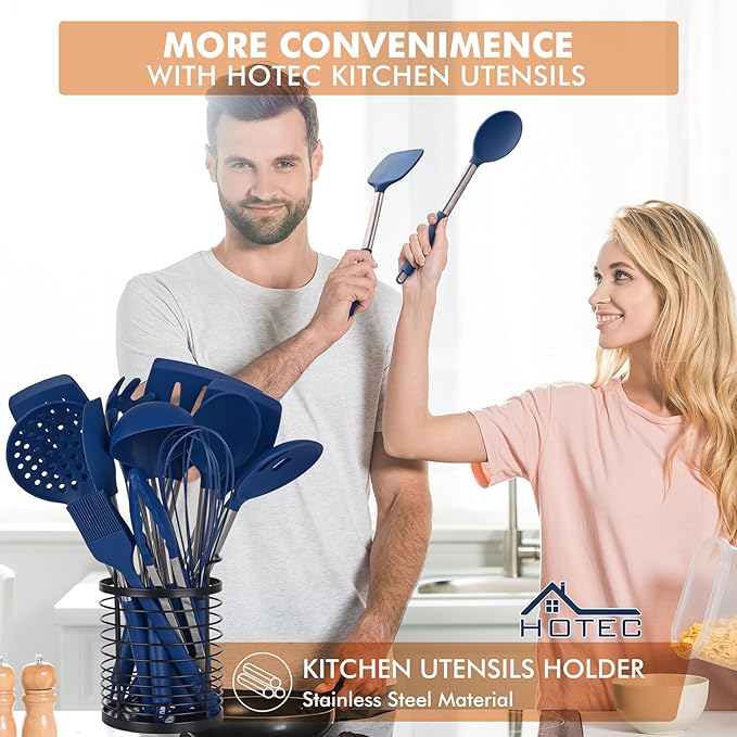 HOTEC 446°F Heat Resistant Silicone Kitchen Utensils, BPA Free Cooking Utensil Set, Spatula Set, Kitchen Gadgets, with Stainless Steel Utensils Holder, Dishwasher Safe, 14pcs Classic Blue