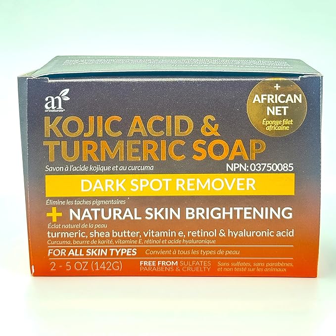 Kojic Acid Soap + African Net Sponge (2 pack X 142g Turmeric bars) Dark spot remover & Scars - Original Japanese Complex Vitamin C, Hyaluronic Acid, retinol, shea butter (Citrus)-BrightBean Baby