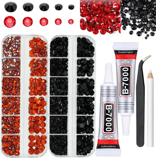 Black and Red Rhinestones with Glue(S8-S30) for Bedazzling,2mm-6mm Non-Hotfix Flatback Nail Gems Beads with B7000, Resin Nail GemsStones Diamond Kit for Bedazzle Crafting, Nails DIY Art Decoration-BrightBean Baby
