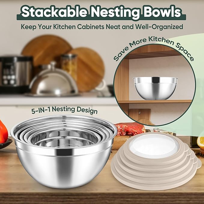 Herogo 5-Piece Mixing Bowls with Airtight Clear Lids, 3 Grater Attachments, Stainless Steel Salad Bowls for Kitchen, Size 4.6, 3.5, 2.5, 2, 1.5QT Ideal for Baking, Prepping and Serving, Khaki