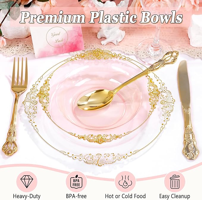 100PCS Clear Pink Plastic Bowls - 12 oz Pink Gold Disposable Salad Bowls - Heavy Duty Disposable Soup Bowl - Fancy Plastic Ice Cream Bowl for Weddings Parties Dinners Picnics