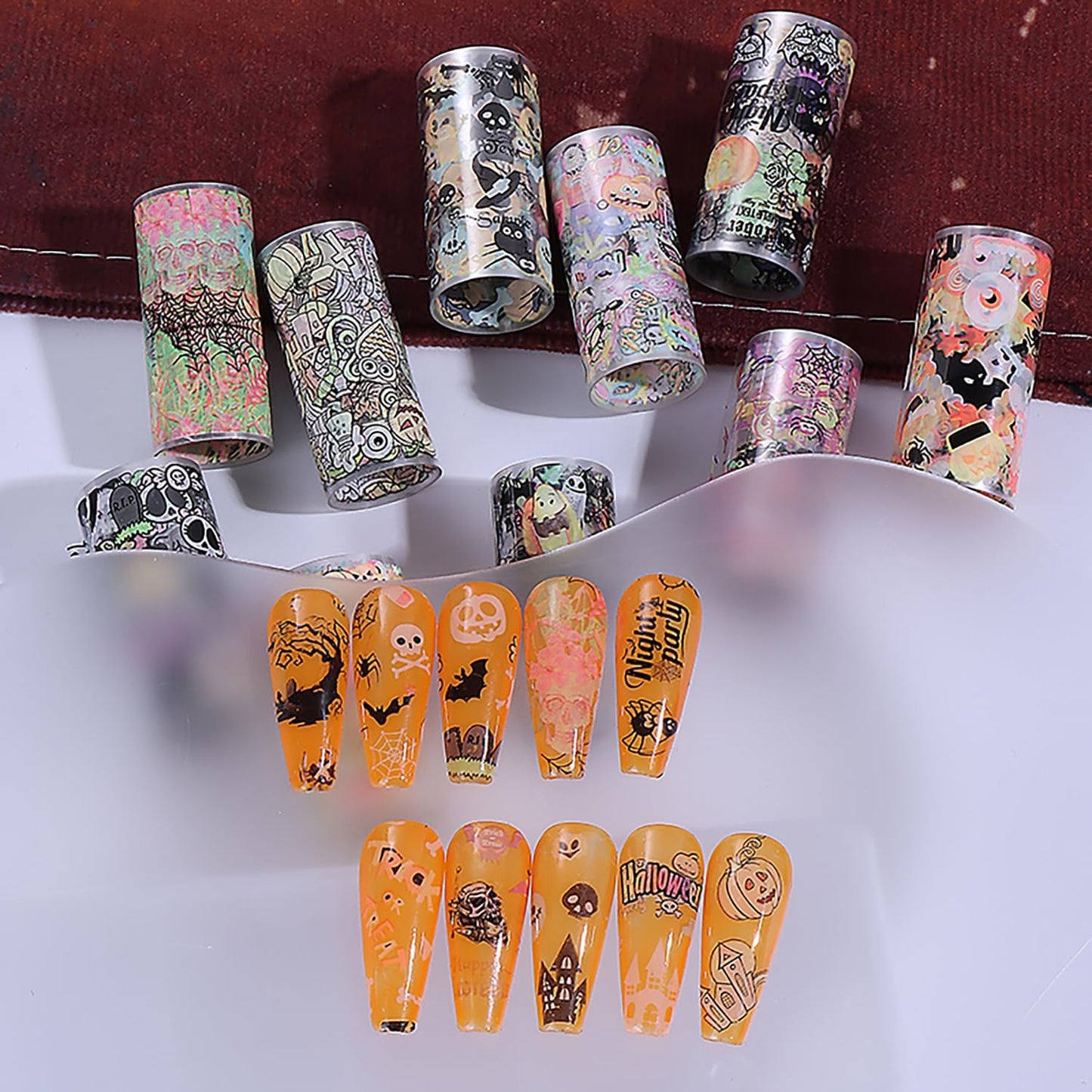Halloween Nail Foil Transfers Stickers 10 Rolls Cartoon Design Halloween Nail Art Foils Decals Ghost Pumpkin Spider Bat Nail Transfer Foil Cute Nails Supplies Set for Women DIY Manicure Decorations-BrightBean Baby
