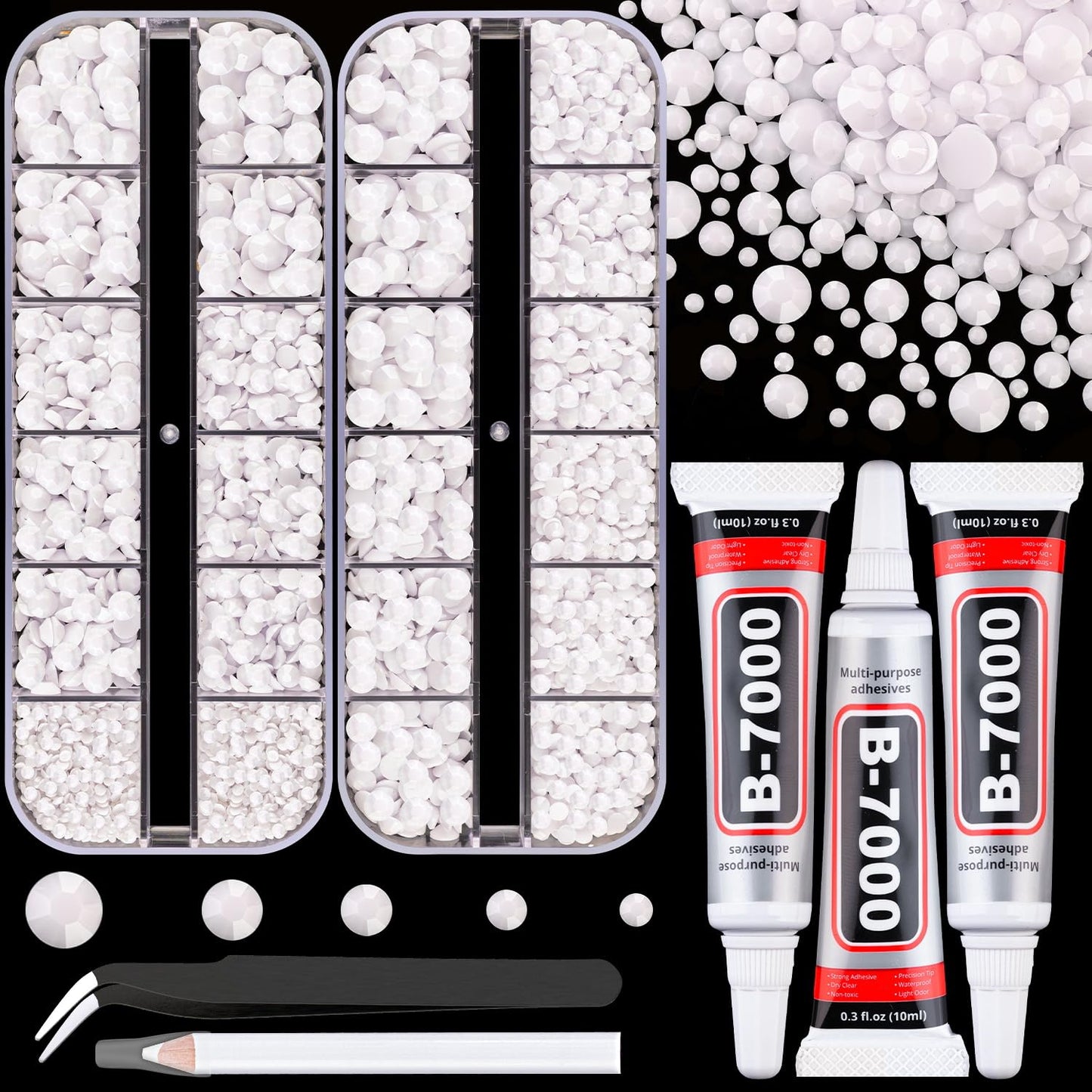 Resin Rhinestones for Crafting with B7000 Jewelry Glue, 2 Boxes White Flatback Crystals with 3Pcs 10ml Glue for Bedazzling Crafts DIY Nail Art Makeup，Non Hotfix Gems for Clothing Shoes-BrightBean Baby