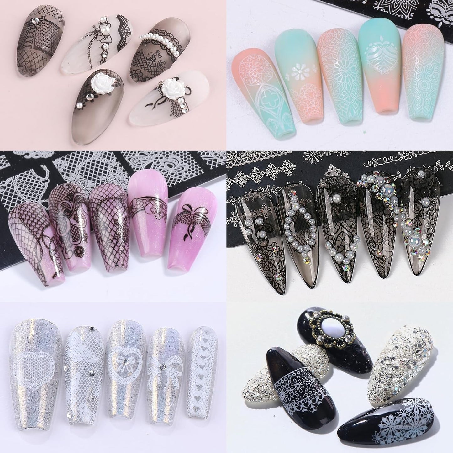 6pcs Lace Flower Design Nail Stamping Plate Kit With French Tip Nail Stamper Kit Ribbon Bow Knot Nail Stencil Reusable Stainless Steel Manicure Tool Nail Supplies for Salon DIY-BrightBean Baby