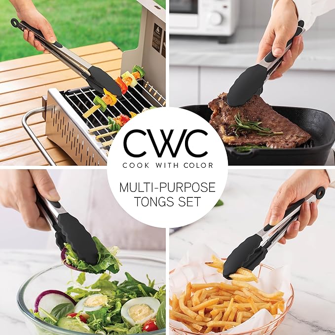 COOK WITH COLOR Stainless Steel Silicone Tipped Kitchen & BBQ Tongs Set, 3 Pc. Tongs, Black