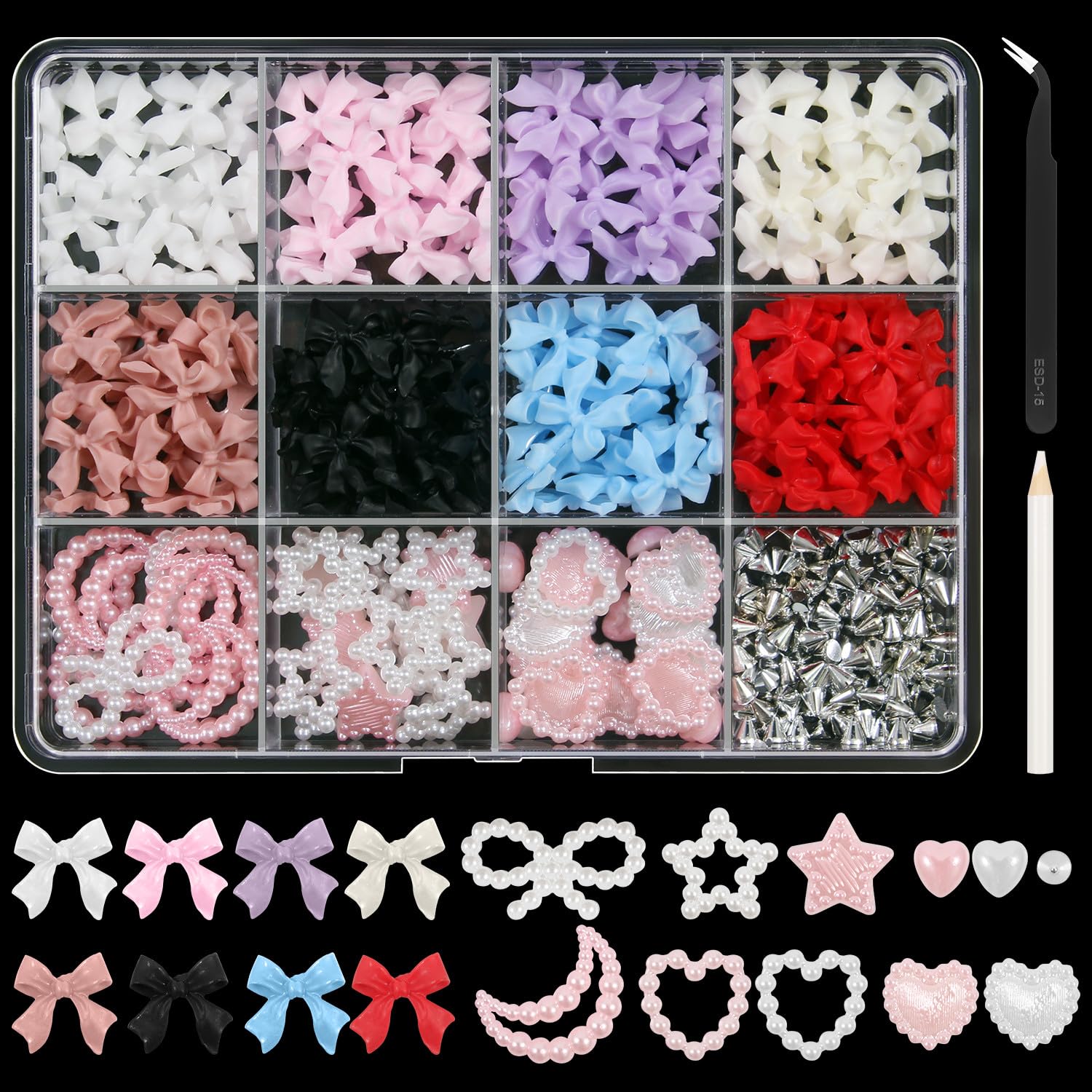 Artdone Nail Art Studs Kit, 12 grids 8 Colors 3D Charms and Pink Mix White Star Heart Moon Cute Nail Jewels for DIY Decoration-BrightBean Baby