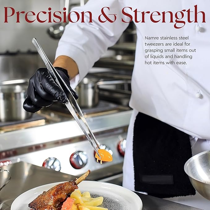 Namre' Tweezer Tongs for Cooking -Plating - 2 Pack Stainless Steel Cooking Tongs - Thin Chopstick Precise & Strong Chef Tweezers for Food & Small Objects - 12 Inch - (Silver)