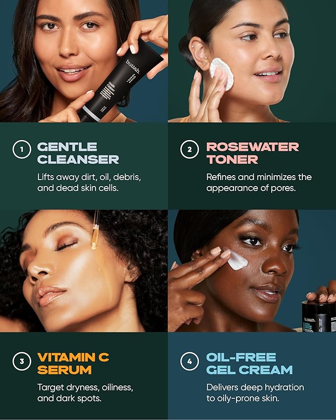 Buttah Skin Supreme Kit for Melanin Rich Skin | Oil-Free Hyaluronic Gel Cream 2 oz | Vitamin C Serum 1 oz | Cleanser 3.4 oz | Rosewater Toner 3.4 oz | Black Owned Skincare-BrightBean Baby