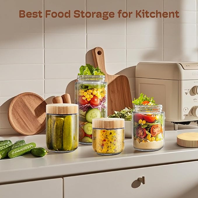 4 pack 24oz Overnight Oats Containers with Bamboo Lids, Glass Jars with Airtight Lids for Meal Prep, Wide Mouth Mason Salad Jars, Glass Food Storage Container for Yogurt Chia Snacks Spice Sugar