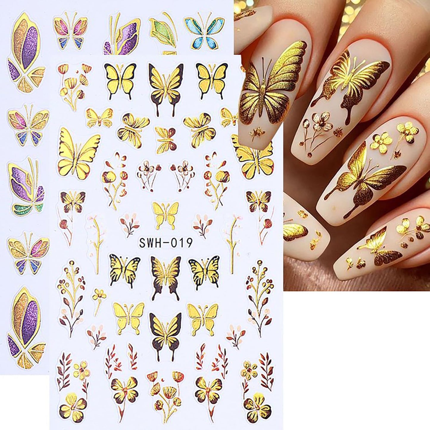 Butterfly Nail Art Stickers Gold Butterflies Nails Art Decals 3D Self-Adhesive Nails Sticker Holographic Spring Decal Decoration for Women Blue Butterfly Manicure Stickers DIY Nail Supplies-BrightBean Baby