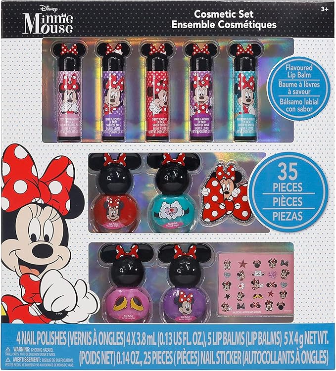 Townley Girl Disney Minnie Mouse Sparkly Cosmetic Makeup Set for Girls with Lip Balm Nail Polish Nail Stickers-35 Pcs|Perfect for Parties Sleepovers Makeovers|Birthday Gift for Girls above 3 Yrs, Kid-BrightBean Baby