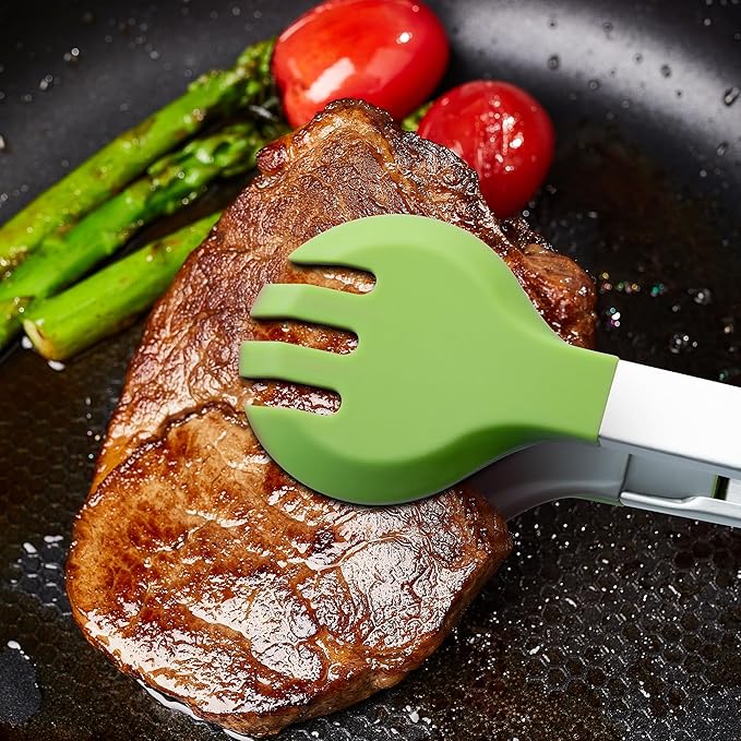 12 Inch Cooking Tongs, 2-in-1 Design with 0.5oz Measure Spoon, Stainless Steel Kitchen Tongs with Silicone Tips, Non-Stick Food Tongs for Cooking, Grilling, BBQ, Salad, Buffet, Serving (12", Green)