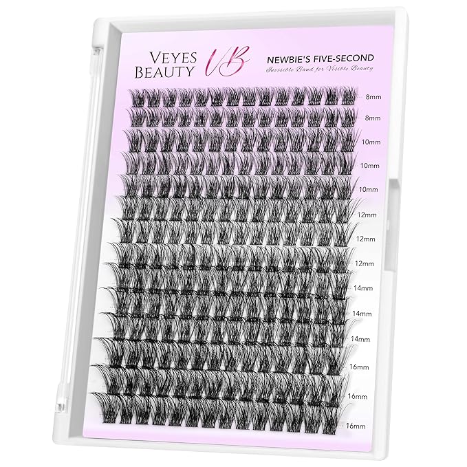 VEYESBEAUTY Lash Clusters Individual Eyelash Extensions Thin & Invisible Band DIY False Eyelashes for Self-application Newbie's Five-Second Series Wispy Lash Tray, Boldeye 8-16mm Mixed Length-BrightBean Baby