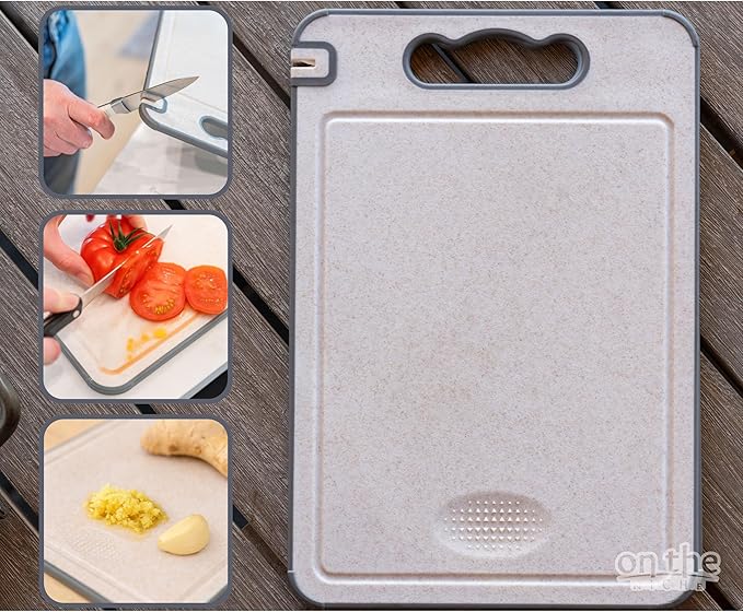304 Stainless Steel Cutting Board – Double-Sided Kitchen Chopping Board with Wheat Straw PP, Built-in Knife Sharpener, Juice Grooves, Garlic & Ginger Grater, Handle – 14.37 x 9.84 in