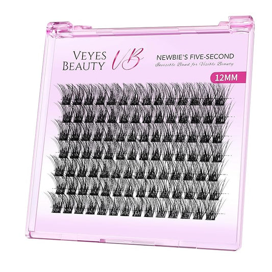 VEYESBEAUTY Lash Clusters Individual Eyelash Extensions Thin & Invisible Band DIY False Eyelashes for Self-application Newbie's Five-Second Series Wispy Lash Tray, Boldeye 12mm Single Length-BrightBean Baby