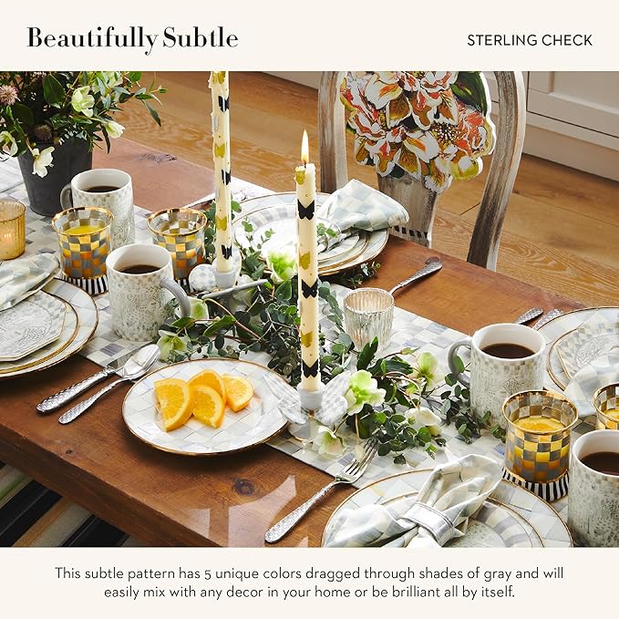 MACKENZIE-CHILDS Enamel Salad and Dessert Plate, Small Plate for a Dessert or Appetizer Dish, 8 Inches, Set of 4, Gray-and-White Sterling Check