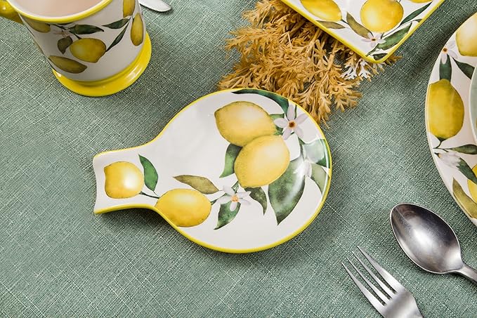 Bico Lemon Dreams Spoon Rest for Stove Top, Ceramic Spoon Holder for Kitchen Counter, Easy to Clean Coffee Spoon Rest Dishwasher Safe, Kitchen Cooking Utensil Rest for Ladles Spatula