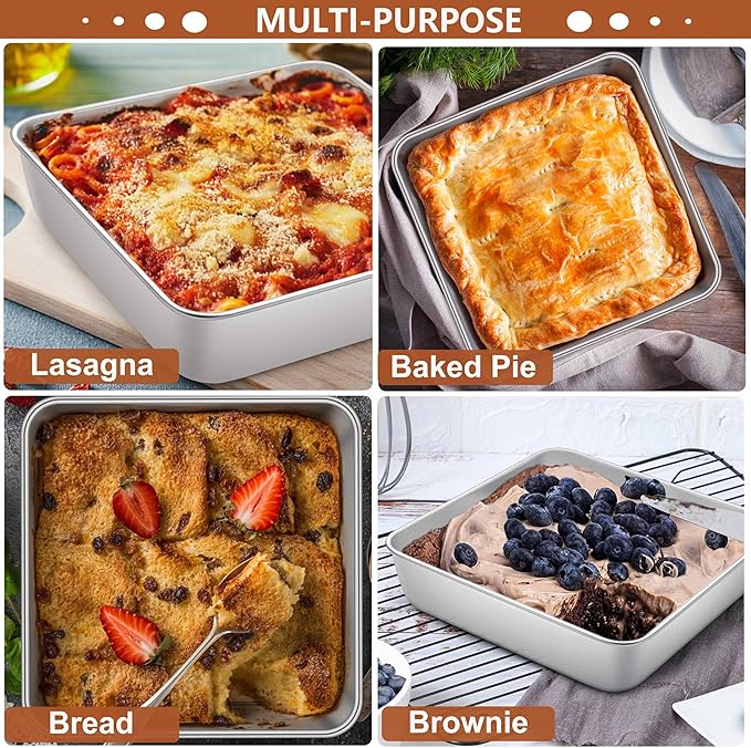 LIANYU 8/9 Inch Square Baking Cake Pan, Stainless Steel Brownie Bread Cake Molds, Square Bakeware for Lasagna Pie, Oven & Dishwasher Safe