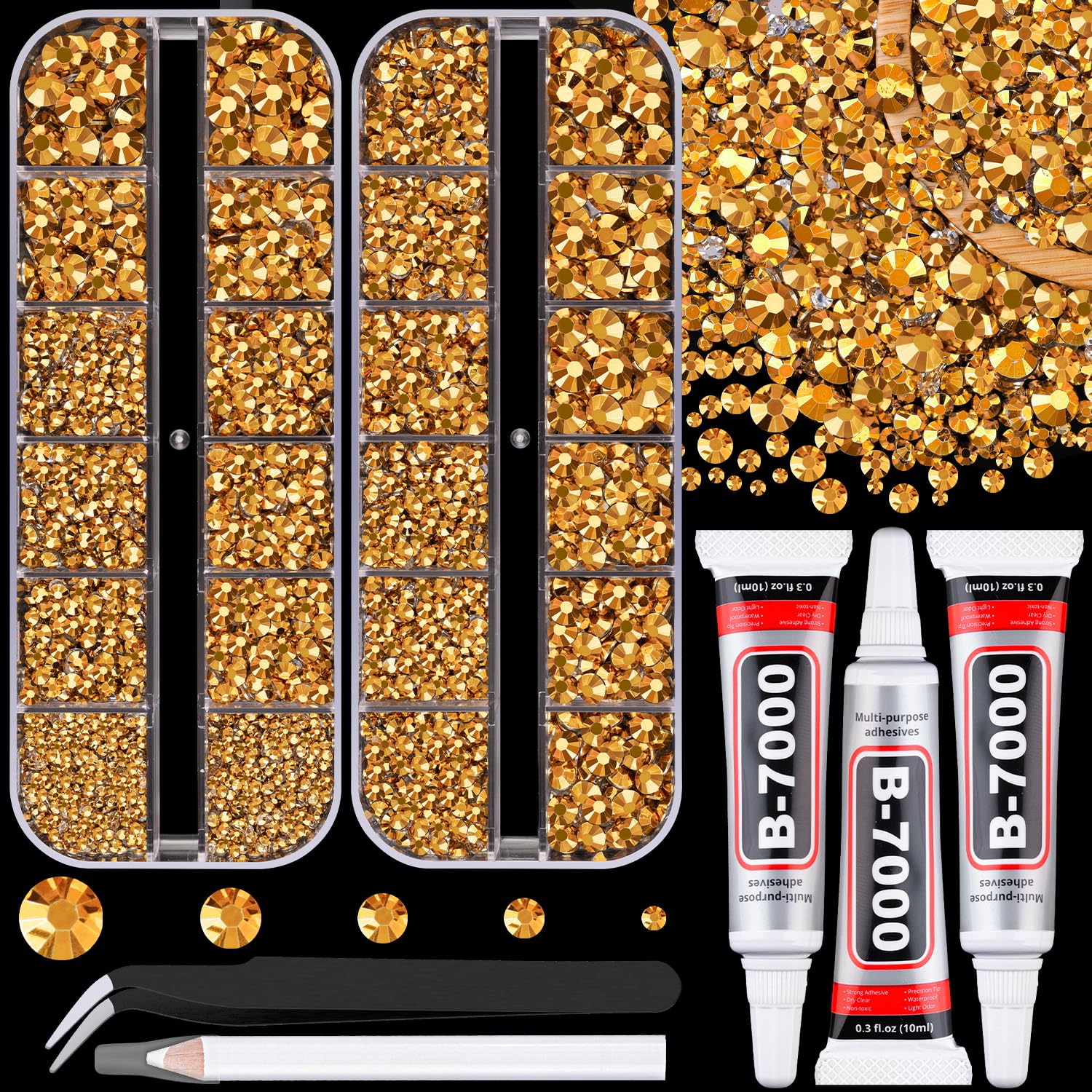 Resin Jelly Rhinestones for Crafting with B7000 Jewelry Glue, 2 Boxes Gold Flatback Crystals with 3Pcs 10ml Glue, Bedazzling Non Hotfix Gems for DIY Tumblers Clothing Shoes Manicure-BrightBean Baby