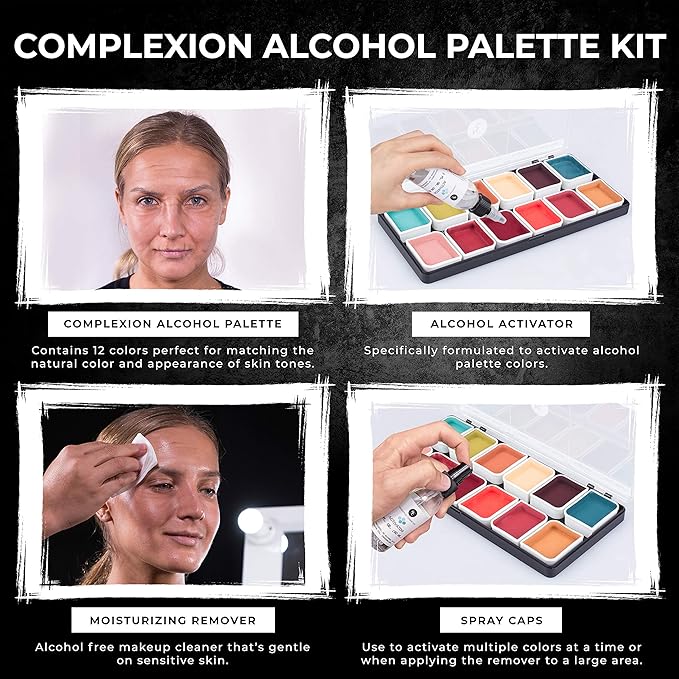 Complexion Alcohol-Activated Palette, Activator, and Remover Kit, Professional SFX Makeup Set-BrightBean Baby