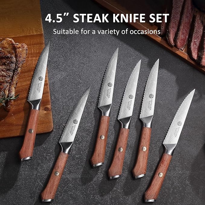 YOTSUBA Steak Knives Set of 6, 4.5 Inch Steak Knife Set, Razor-Sharp High-Carbon Stainless Steel Kitchen Steak Knife with Ergonomic Wood Handle, Dinner Knives with Gift Box