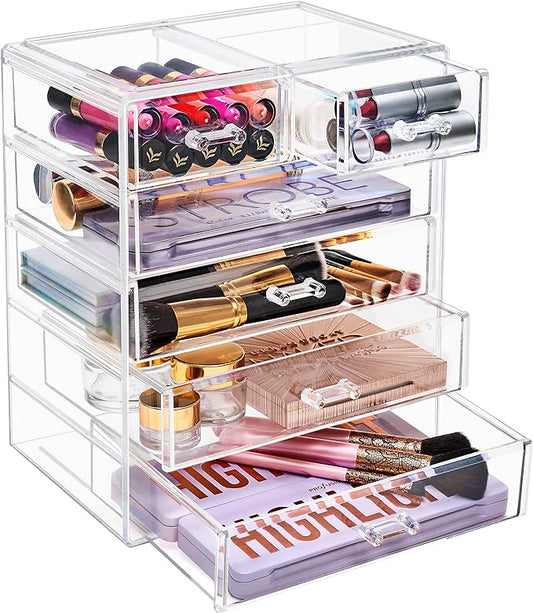 Sorbus Acrylic Makeup Organizer - Organization and Storage Case for Cosmetics Make Up & Jewelry - Big Clear Makeup Organizer for Vanity, Bathroom, College Dorm, Closet, Desk (4 Large, 2 Small Drawers)-BrightBean Baby