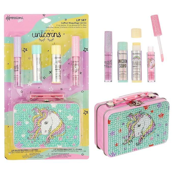 Expressions 5pc Cosmetics Lip Kit For Kids w/Lip Glosses, Lip Balms & Tin Box Storage Case I Believe in Unicorns Rhinestone,Washable + Non Toxic-BrightBean Baby