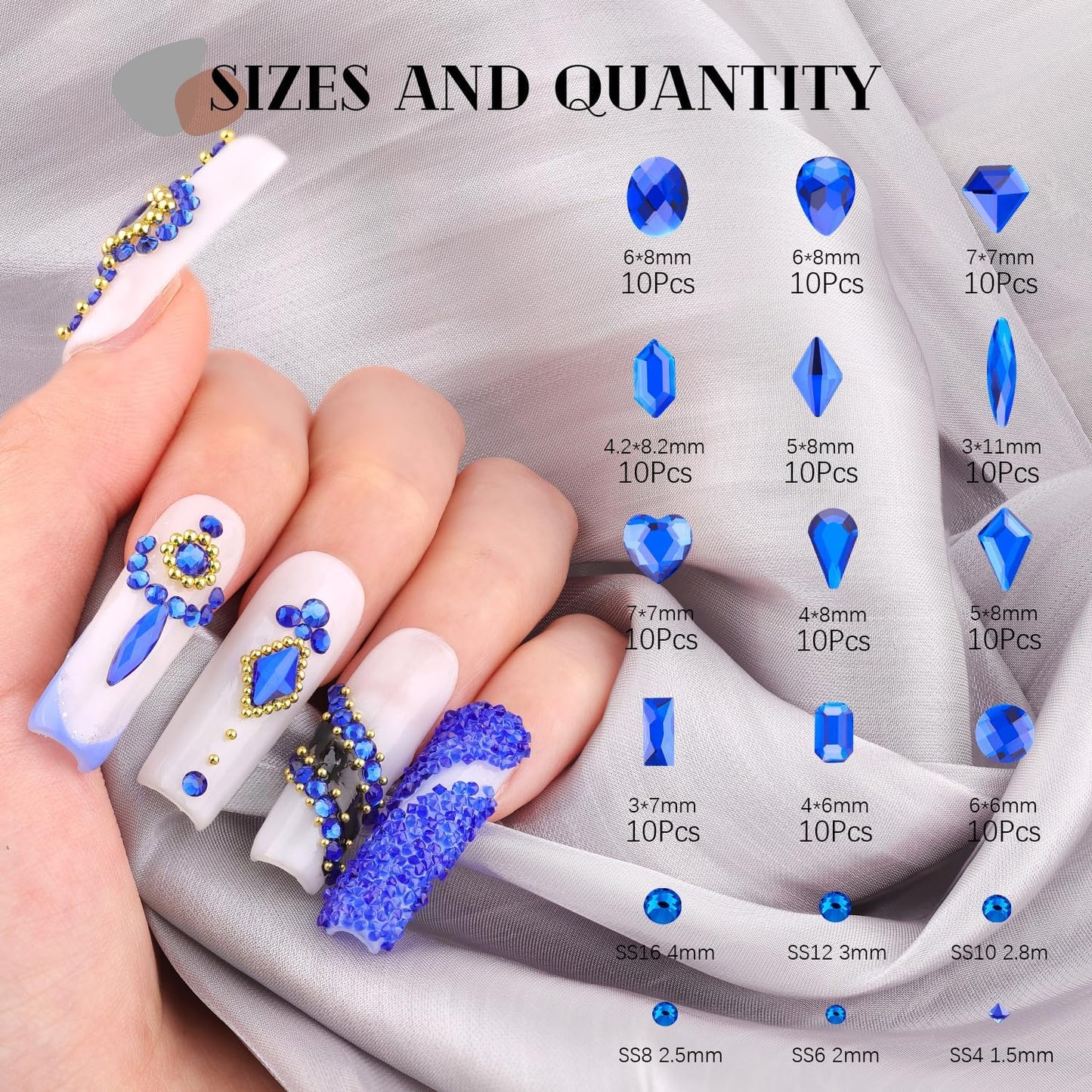 2680Pcs Royal Blue Glass Nail Rhinestones 120Pcs Multi Shapes Flatback Nail Gems + 2560Pcs 1.5-4mm Round Crystal, Manicure Nail Charms Diamond Gemstones for Acrylic Nails Decoration-BrightBean Baby