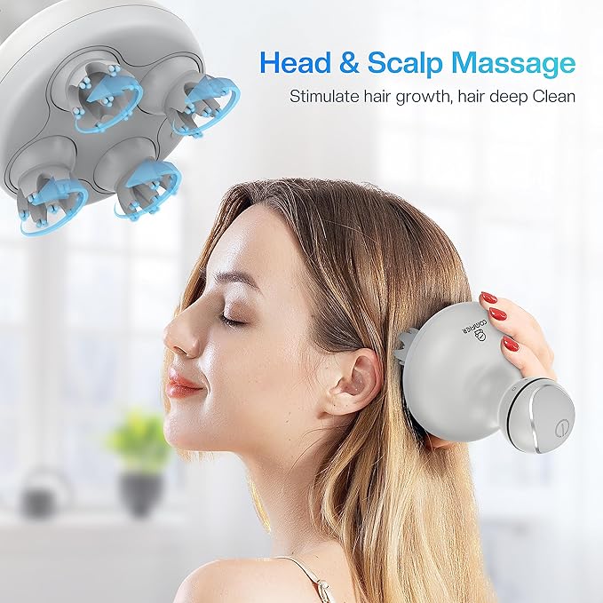 COMFIER Electric Scalp Head Massager with 4 Soft Silicone Massage Heads, Portable Hair Massager for Hair Growth, Relieve Stress, Head Scratcher for Deep Relaxation, Dog Cat Massager, Gray-BrightBean Baby