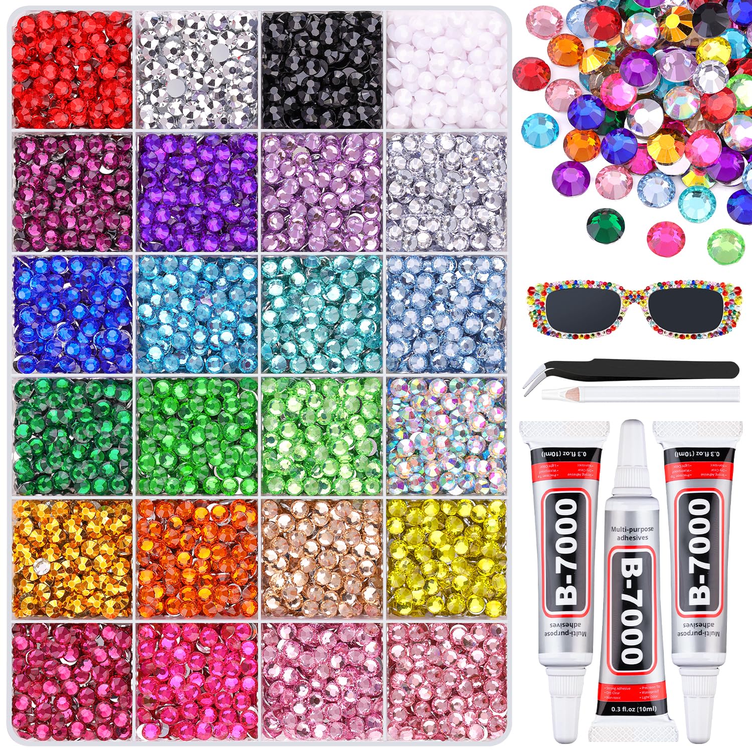 6600Pcs Resin Rhinestones with 3Pcs B7000 Jewelry Glue for Crafting, Multicolors 5mm Non Hotfix Flatback Gems, Bedazzling Crystal for DIY Crafts Clothing Tumblers Mugs Shoes Fabric Decor Nail Art-BrightBean Baby