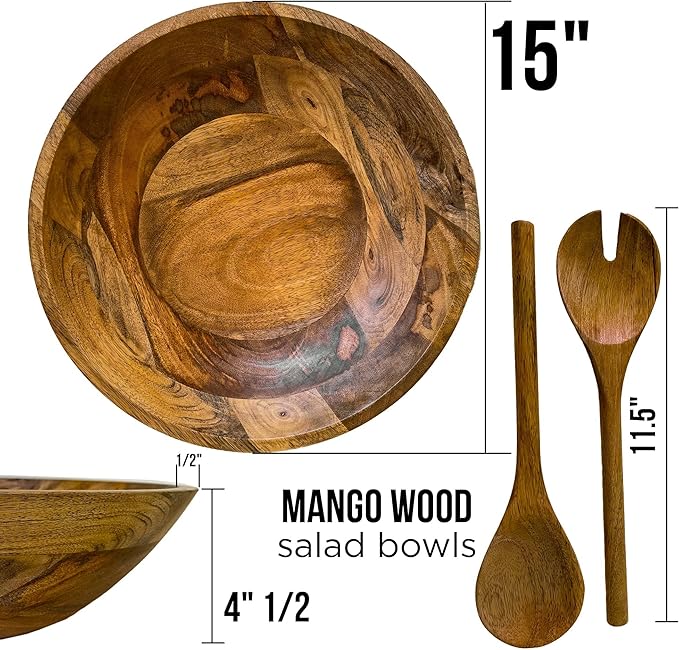 Extra Large Wooden Salad Bowl Set - 1/2" Thick Mango Wood Serving Bowl with Utensils, Wooden Mixing Bowls, Decorative Kitchen Dinnerware for Popcorn, Pasta, & Chips, Dishes - 15 Inch