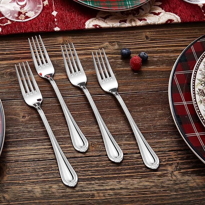 KEAWELL Pearl Edge 8-Piece Premium Fork Set, 18/10 Stainless Steel, Fine Silverware with Mirror Finish, Dishwasher Safe (8, 8" Dinner Forks)