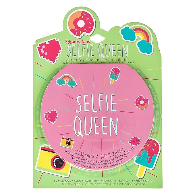 Expressions Selfie Queen Glisten & Glitter Makeup Palette 10 Color Eyeshadow Palette & Blush Makeup Novelty Beauty Set, Fold Out Compact with Mirror, Cute Makeup Kit Gifts - Washable, Non-Toxic-BrightBean Baby
