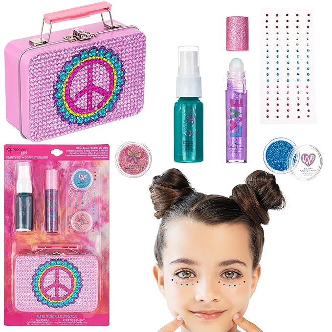 Expressions 6pc Peace & Rhinestones Beauty Set w/Tin Box Storage Case - Body Spray, Body Glitter, Mini Body Gems, and Lip Gloss Set,Washable + Non Toxic-BrightBean Baby