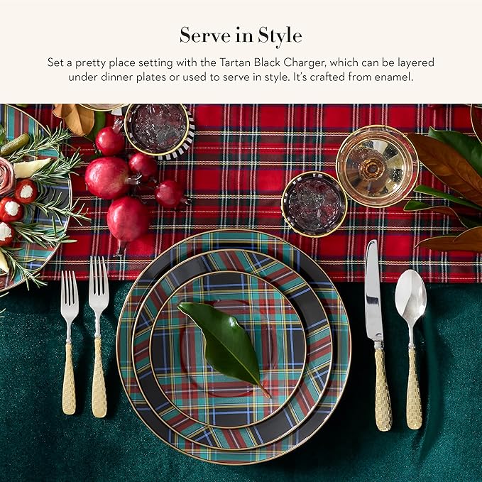 MACKENZIE-CHILDS Enamel Charger Plate, Charger Decoration for Dinner Plates or Home Decor, 12 Inches, Black Tartan, Set of 1