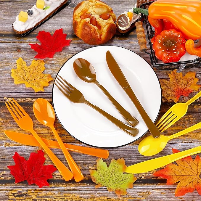 300 Pieces Thanksgiving Plastic Silverware Fall Heavy Duty Utensils Set Heavyweight Disposable Flatware Includes Orange Yellow Brown Spoons Forks Knives for Thanksgiving Dinner Party Supplies